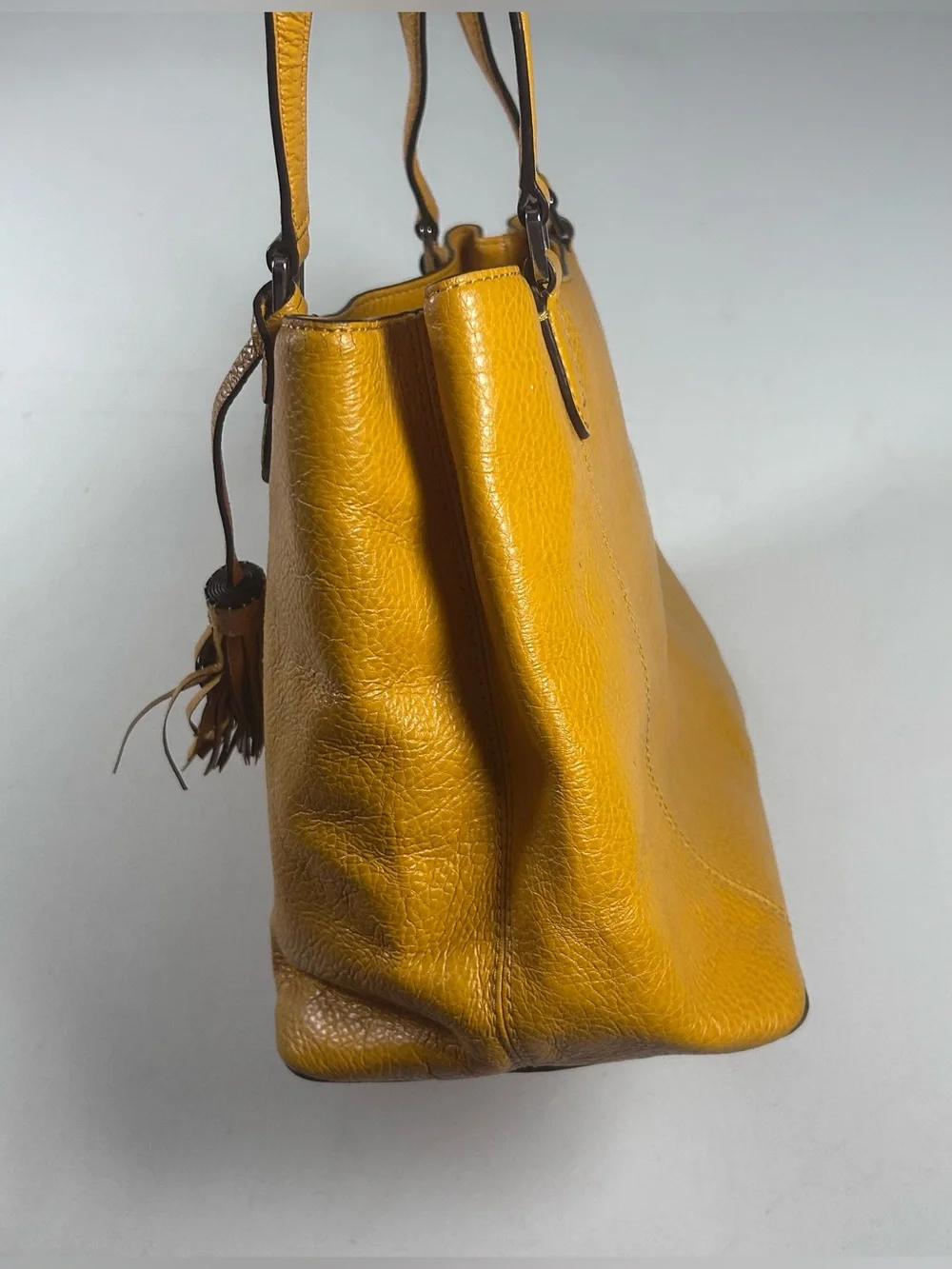 Lauren Ralph Lauren Leather Satchel Pebbled Tassel Charm Mustard Yellow Bag